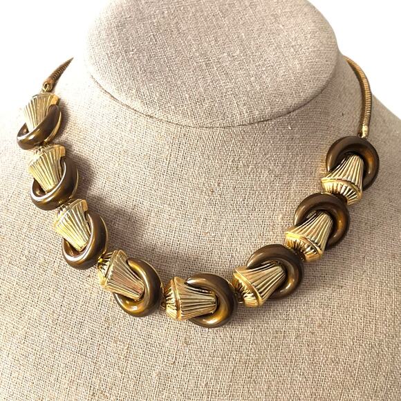 Vintage Trifari Womens Gold Tone Chocker Necklace Brown Mid Century - Picture 2 of 8